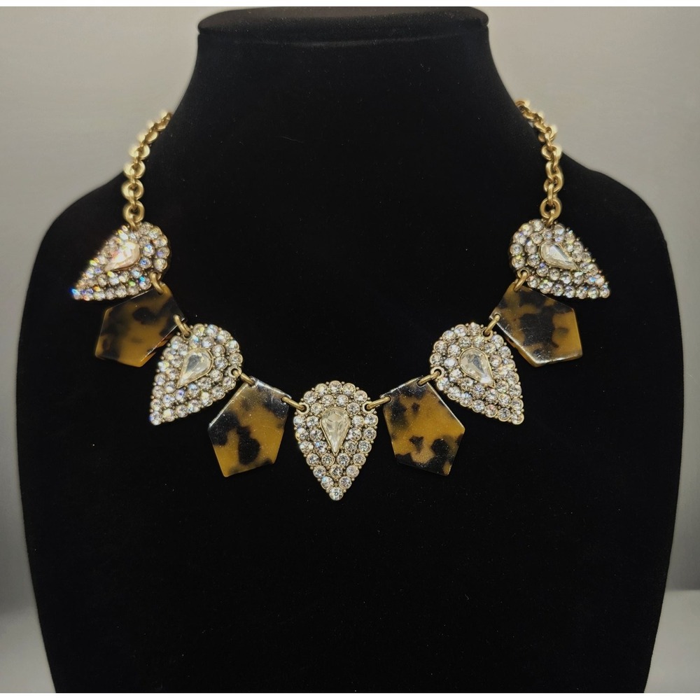 J.Crew Statement Bib Necklace Adjustable Tortoise Rhinestone Gold Tone